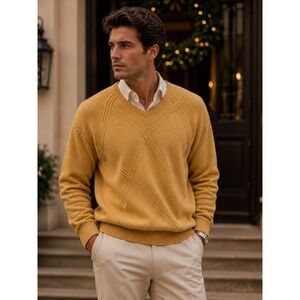 Jos A Bank Mens Lambswool Argyle Sweater Size L Mustard Yellow V Neck Old Money